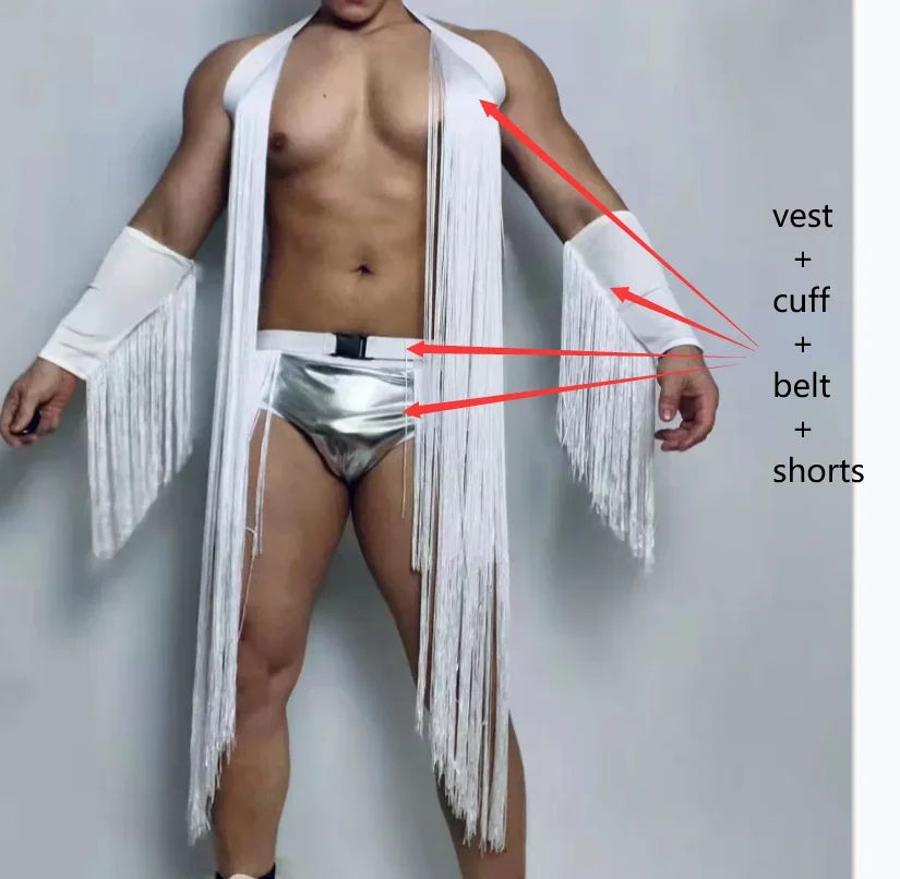 Male DJ Dancer Team Sexy Stage Wear Nightclub Bar Gogo Dance Costume White Tassel Festival Rave Outfits Club Party Rave Outfits