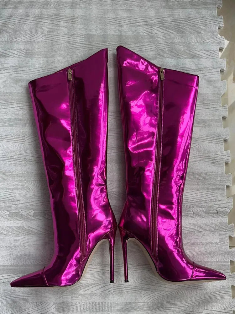 Knee High Boots Candy Colors Mirror Leather Women Knee High Boots High Heels Stilettos Runway Shoes for Women High Heel Boots