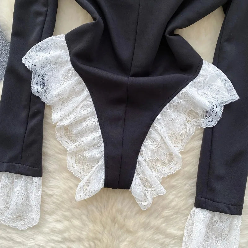 Toucheart Sexy Lingerie Onesie for Women Deep V-neck Lace Patchwork Long-sleeved Jumpsuit Sexy Contrast Color Underwear Suit New