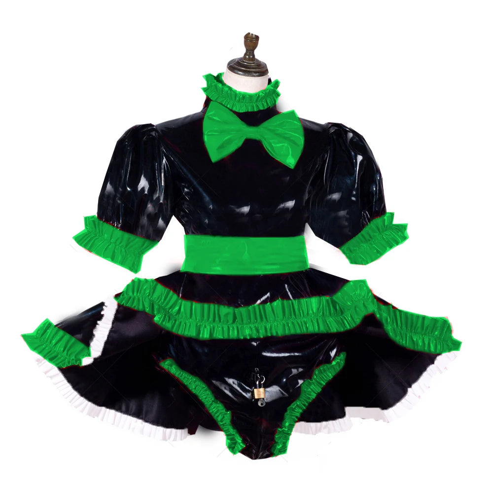 lockable dress Role Play Maid Dress with Apron Lockable Panties French Sissy PVC Short Sleeved Dress Lockable Uniform XS-7XL