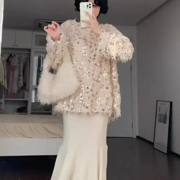 Long Sleeve Top Oversized Sweater Sueter Mujer Y2k Clothes Pullover Heavy Industry Feather Sequin Sweaters Women New