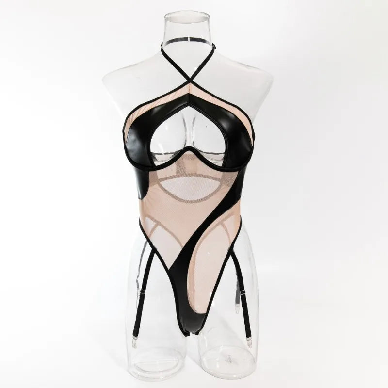 Toucheart Sexy Adult Women's Onesie Sexy Mesh PU Leather Splicing Perspective Slim Neck Halter Jumpsuit Sexy Female Lingerie Set