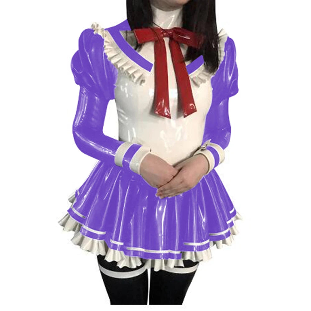 Cosplay Custom Mini Dress Sexy Faux Latex French Maid Club Dresses Long Puffs Sleeves Ruffles PVC Uniform Outfit Clubwear
