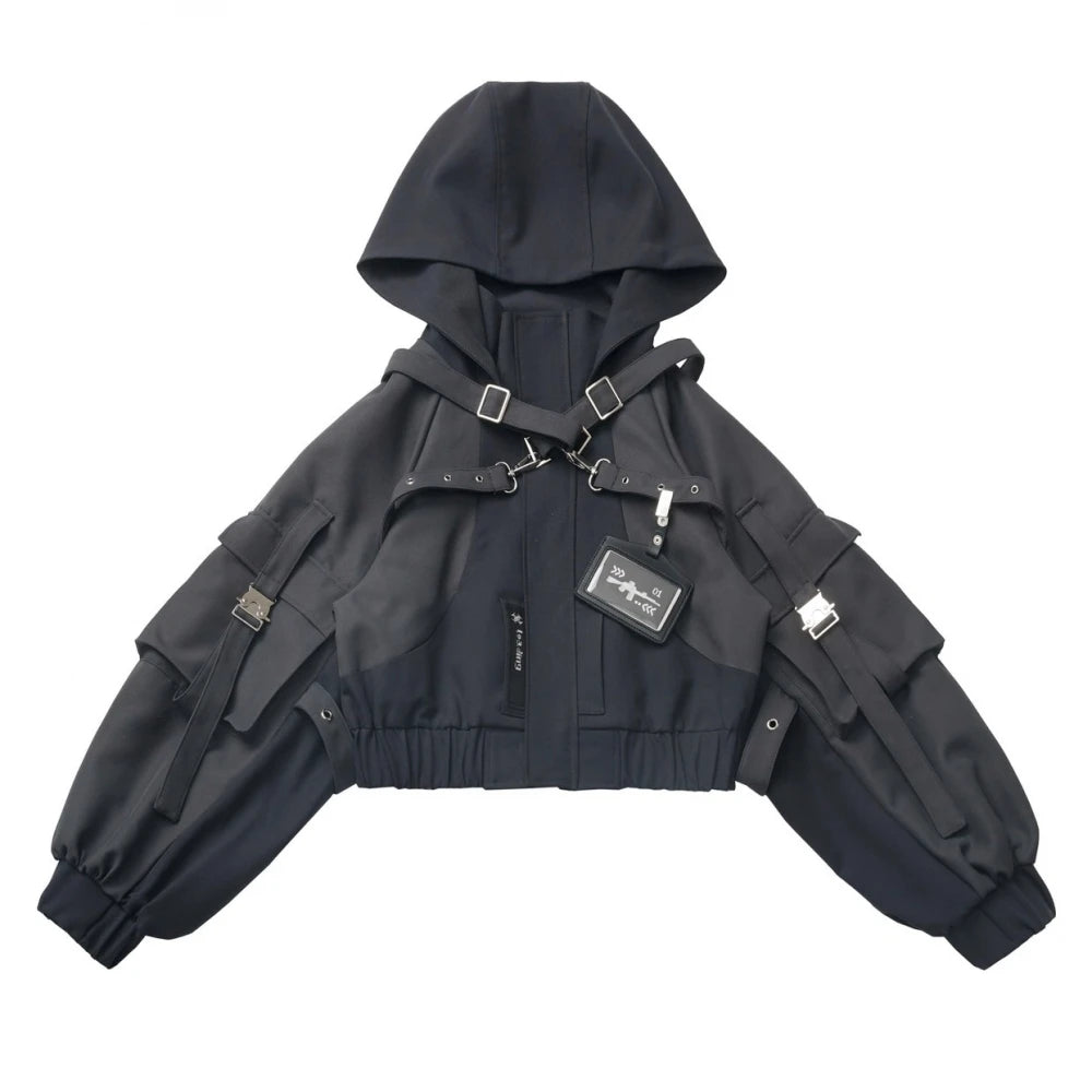 Gothic Splicing Mechanical Style Sets Sweet Cool Hooded Oversized Zipper Jacket Elastic Waist Casual Trousers Subculture Outfits