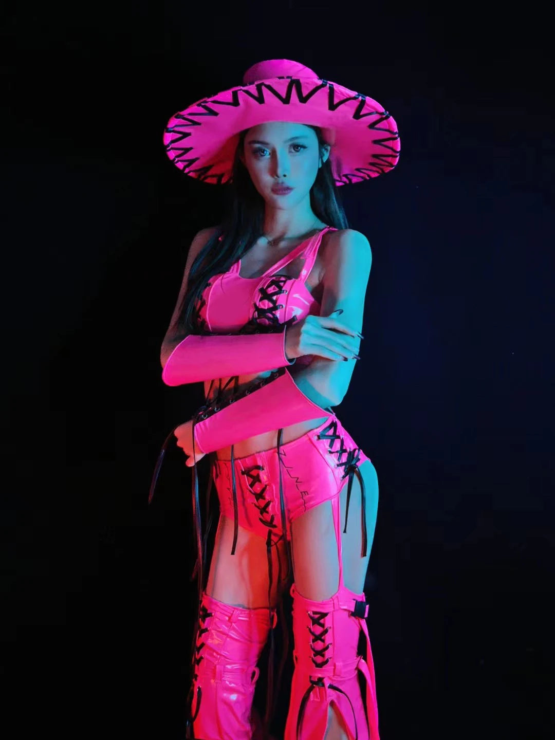 Nightclub Bar Gogo Dance Costume Women Fluorescence Pink Jazz Dancing Outfit Adult Clubwear Party Ds Dj Rave Clothing VDB7832