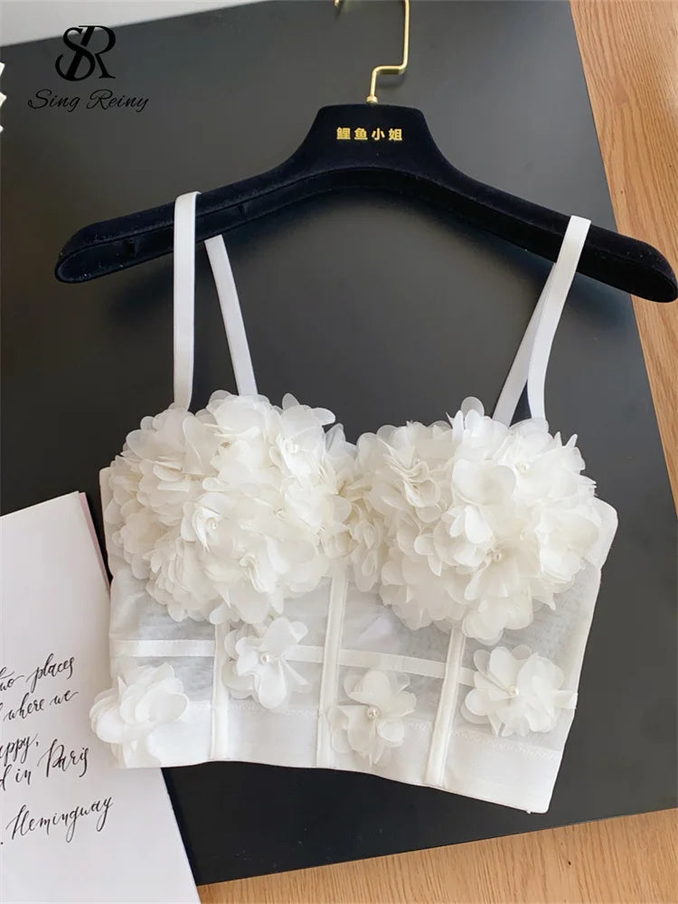 SINGREINY Lace Gauze 3D Flowers Sexy Camisole Women Deading Design Slim Top Fashion Streetwear Ladies Short French Sweet Camis