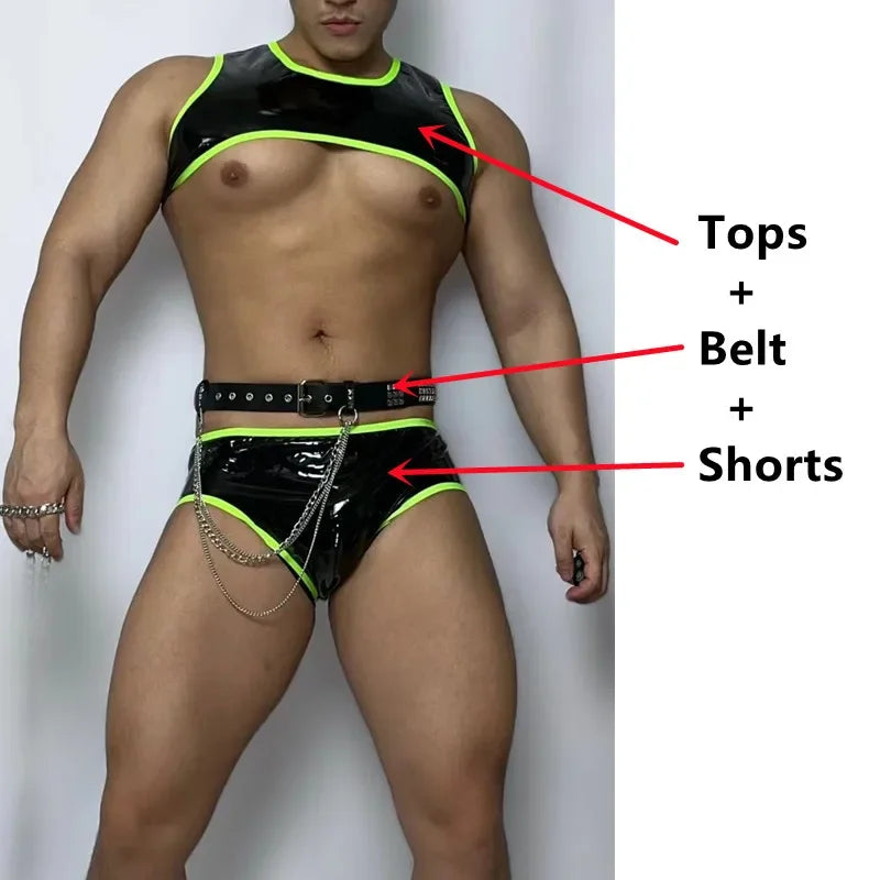 Chains Performance Clothes Club Party Show Rave Outfit DJ Nightclub Male Pole Dancing Costume Fluorescent PU Leather Bikini Belt