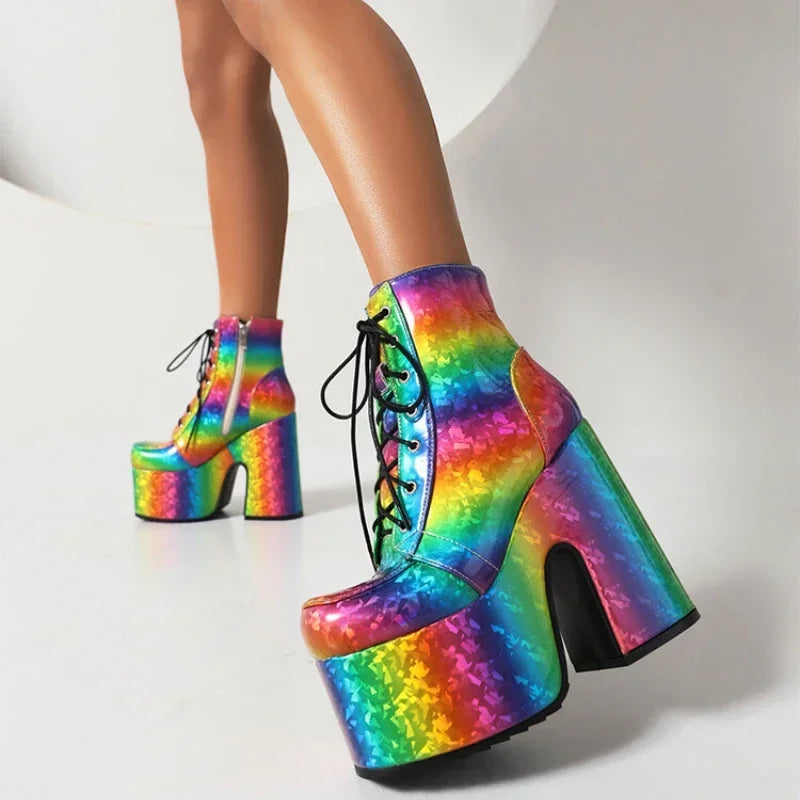 Women Rainbow Boots Colorful Gradient Lace-up Platform Gothic Halloween Bat Shoes High Heels Winter Warm Ankle Motorcycle Boots