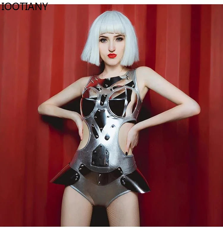 Women's Cyberpunk Silver Robot Jumpsuit Sexy Pole Dance Gogo Dancer Costume DJ DS Nightclub Bodysuit Future Technology Show Suit