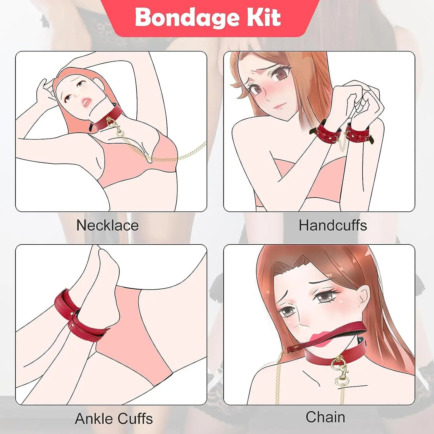 5PCS Red Sex Bondage Adult Toy SM Games Sexy Adjustable Leather BDSM Bondage Sex Toys Betish Bondage Neck to Wrist Couples Toy