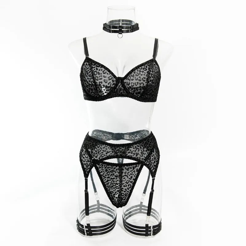 Toucheart 5-Piece Suit Sexy Underwear Suit Flocked Leopard Print Fashionable Hollow Sexy Lingerie Women Perspective Underwear
