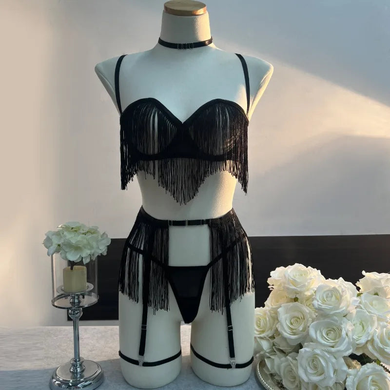 Toucheart Sexy Lingerie for Women Solid Color Tassel Patchwork Mesh See-through 5-piece Set Garters Women's Underwear Halter Bra