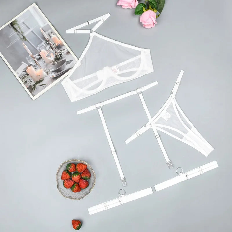 Toucheart 2024 Erotica Underwear Kit Ultra-Thin See-Through Mesh Steel Ring Gathered Sexy Hanging Neck Lingerie Four-Piece Set