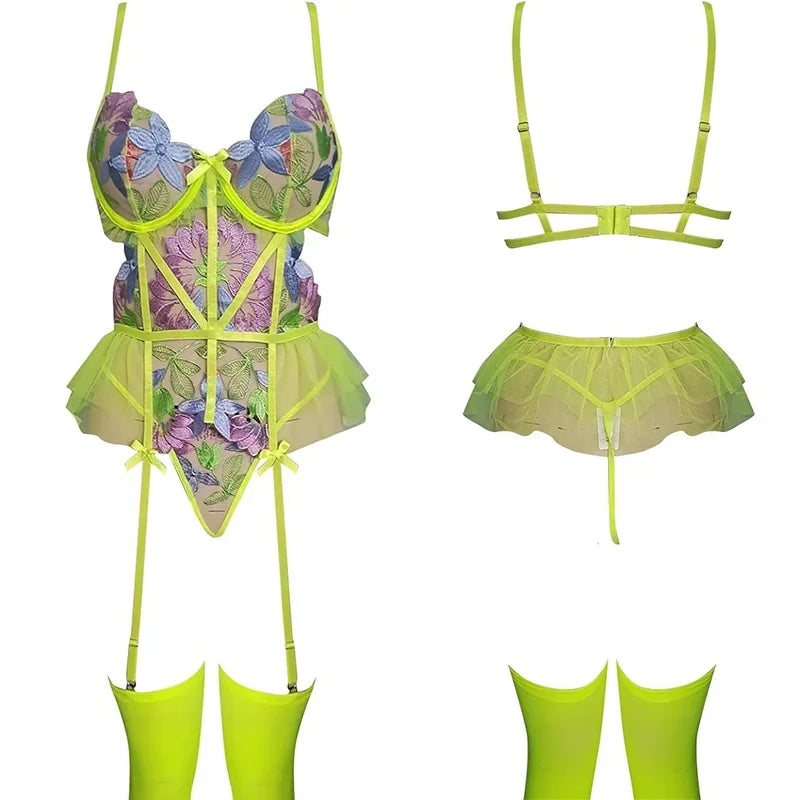 Toucheart Sexy Lingerie Embroidered Bra Set For Women Embroidered Bra Set Backless Transparent One Piece Stockings Sex Suit New