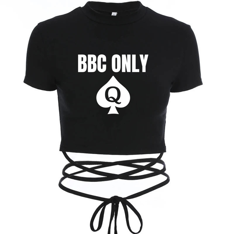 Queen of Spade BBC ONLY Summer Women Black Short T-Shirts Ladies Sexy Crop Tops Short Sleeve Bandage Tee Tops Female Shirts