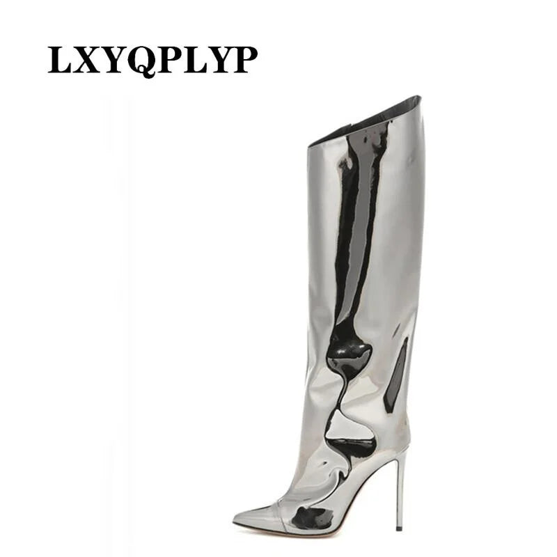 Knee High Boots Candy Colors Mirror Leather Women Knee High Boots High Heels Stilettos Runway Shoes for Women High Heel Boots