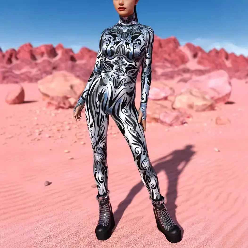 Psychedelic Mesh Cosplay Jumpsuit Catsuit Mesh Zentai Suit Rave Unique Suits Burning Man Festival Women Halloween Party Bodysuit