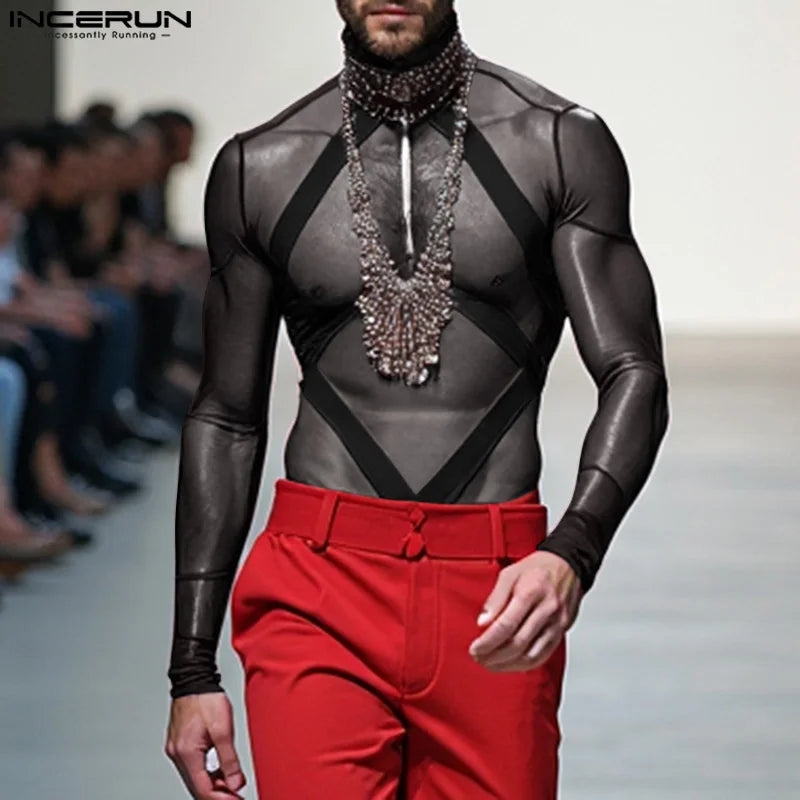 Fashion Casual Men's Jumpsuits INCERUN Perspective Mesh Splicing Strap Design Bodysuit Sexy Male Hot Selling Thin Homewear S-3XL