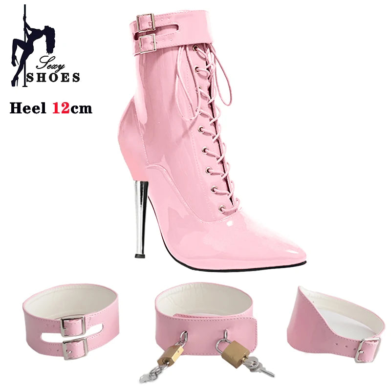New High Heel 12cm Stilleto Sexy Ankle Boots Pointed Toe Two Lockable Padlocks Women Shoes T Show Thin High Heels Plus Size