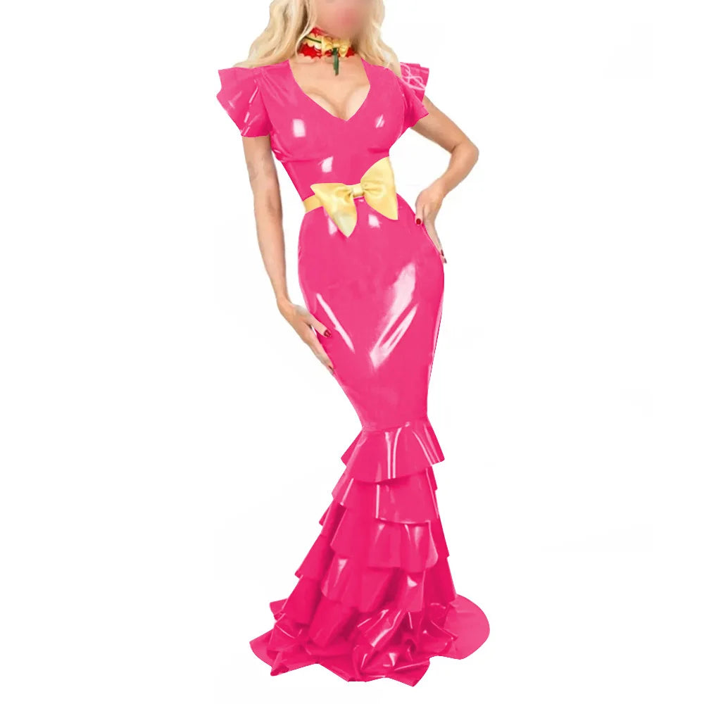 Plus Size Sexy V Neck Hobble Dress Vestido PVC Leather Short Sleeve Slim Ruffled Design Bodycon Maxi Dress Banquet Venue Gown