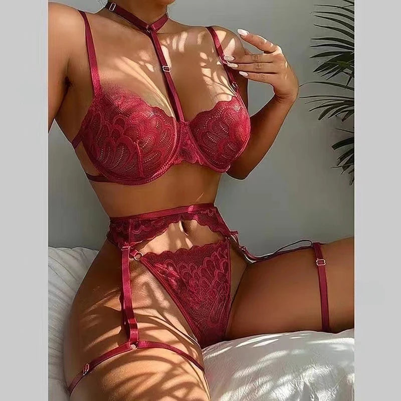 Toucheart Sexy Interesting Underwear For Women Halter Bra Garter Belt Girdle Suit Solid Color Mesh See-Through Sexy Lingerie Set