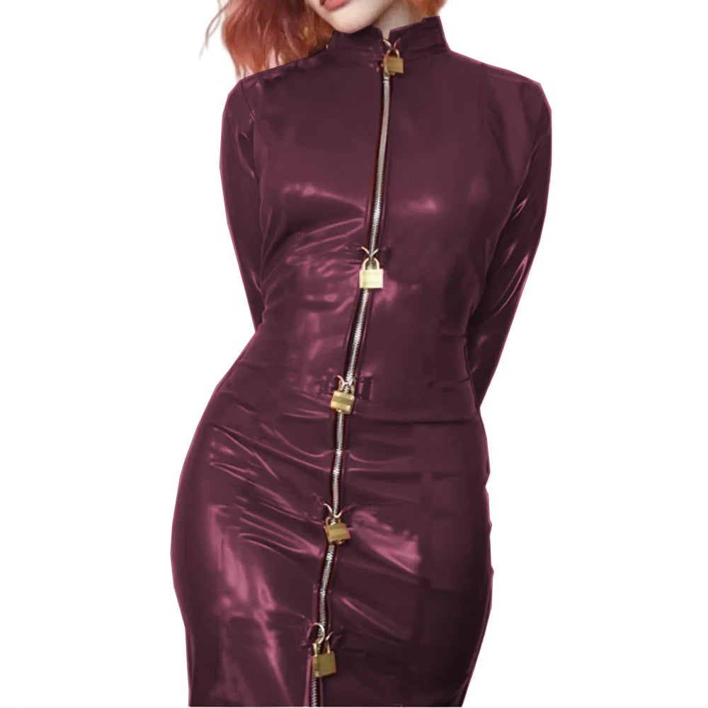 Lockable Sexy Sissy Cosplay PVC Leather Dress Long Sleeve Bodycon Madi Dress Bondage Bag Cover Hobble Dress Women Men Clubwear
