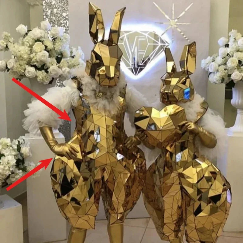 Gold Mirror Cosplay Surface Costume Adult Women Easter Festival Parade Party Outfit Rabbit Mascot Bunny Carnival Jumpsuit Men DJ