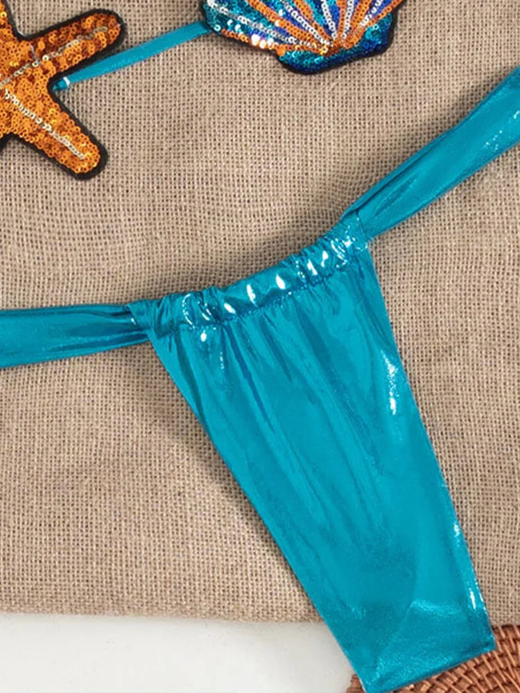 Women Sexy Laced Up Backless Pleate Thong Swimsuit 2025 New Summer Swimwear Shiny Sequin Shell Starfish Bikini 2 Piece Set