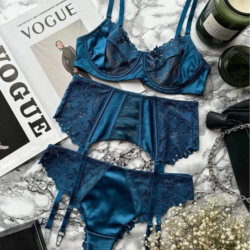 Ashburn 3 Piece Set Sexy Underwear Set For Women Mesh See-Through Lace Thin Sling Bra Set With Girdle Sexy Lingerie Suit New
