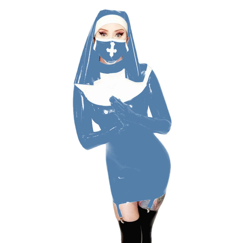 Sexy Nun Cosplay Long Sleeve Bodycon Mini Garter Dress Vinyl PVC Leather High Neck Nun Dress Outfit Halloween Nun Uniform Suit