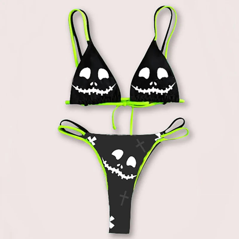 Sexy Gothic Bikini Women Cross Letter Print Bra Thong Swimsuit Split Bathing Suit Lace up Bikinis Funny Swimwear