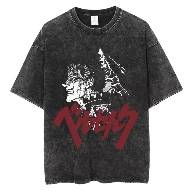 Vintage Black Washed Cotton Tees Shirts Anime Graphic Tshirts for Men Women Casual Short Sleeve Tops Cosplay Hip Hop Streetwear