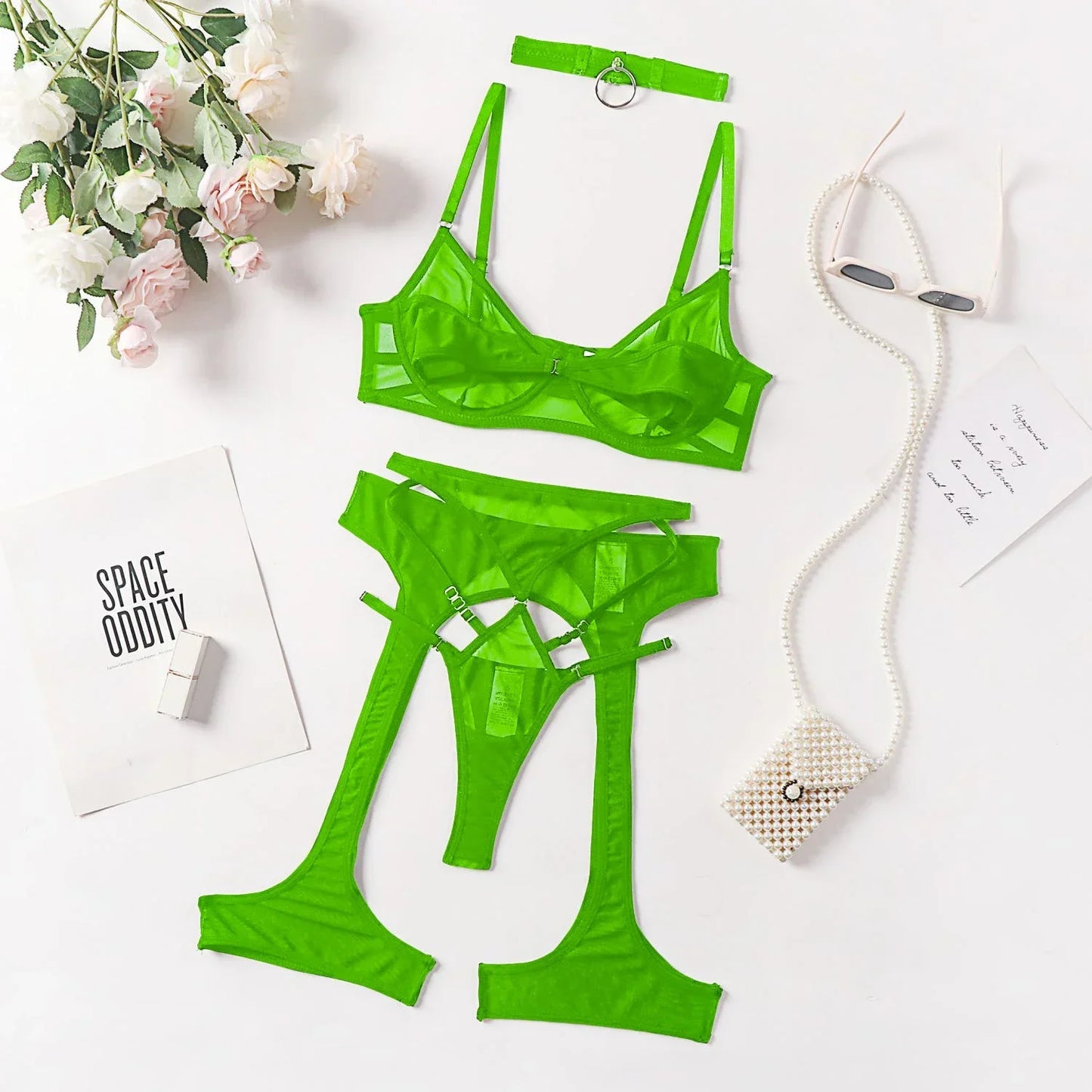 Toucheart Sexy Lingerie Garter Belt Halter Bra Underwear Women Mesh Patchwork Micro Perspective Solid Color Sexy Underwear Set