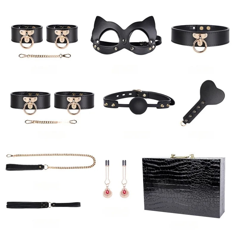 Genuine Leather BDSM Bondage Set - High Quality Fetish Handcuffs, Collar, Gag & Whip for Women, Couples Adult Erotic Sex Toys