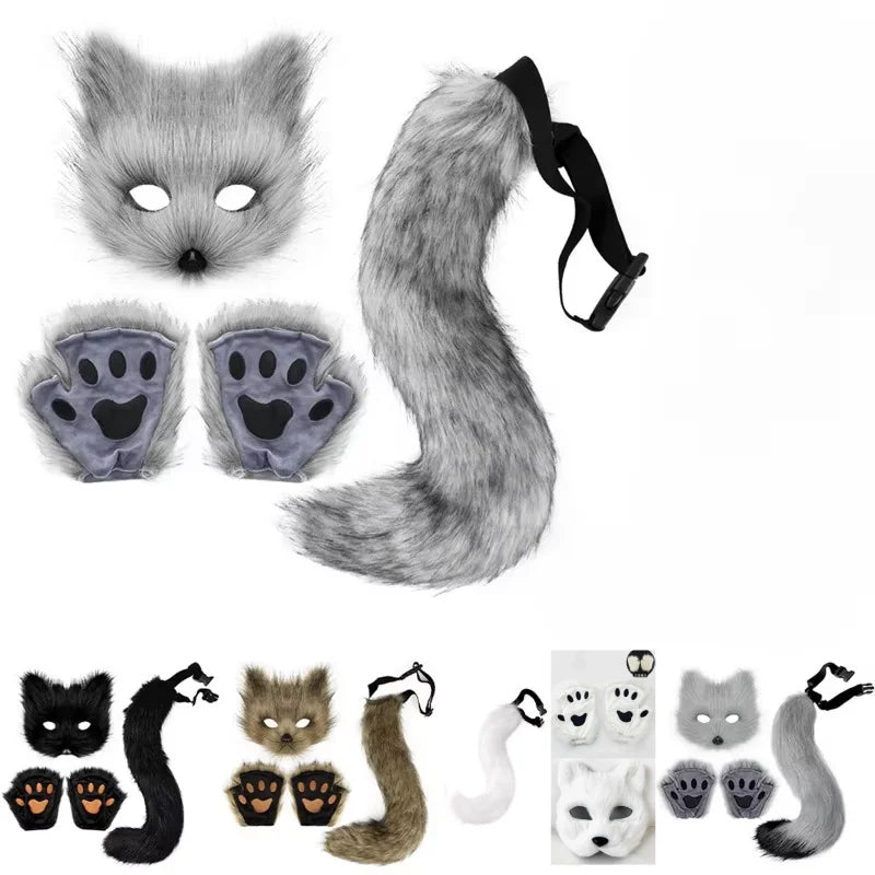 Fox Cat Ears Mask+Tail +Gloves,Fluffy Animal Headwear Ears Hairpin+Tail +Bell,Hair Hoop Set for Halloween Cosplay Accessories