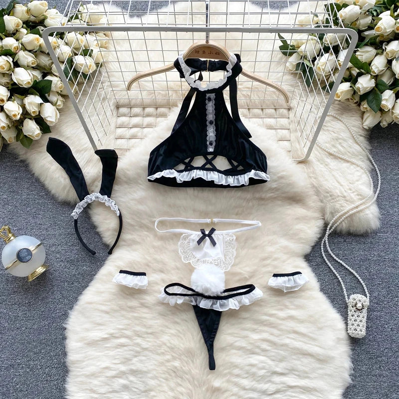 Toucheart Preppy Style Sexy Uniform Sets Women Sexy Uniform Suit Sheer Top+Lace Up Mini Skirt+Thongs Hollow Cosplay Porn Suits