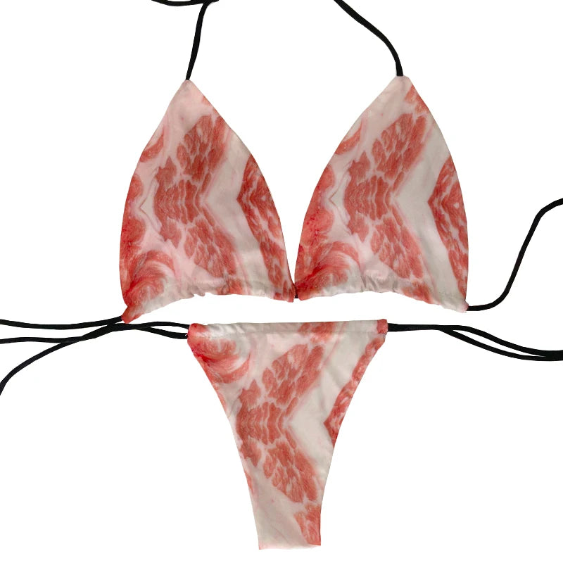 Funny pork belly pattern printed bikini set personality fashionable skinny bikini deep V summer beachwear party bikini