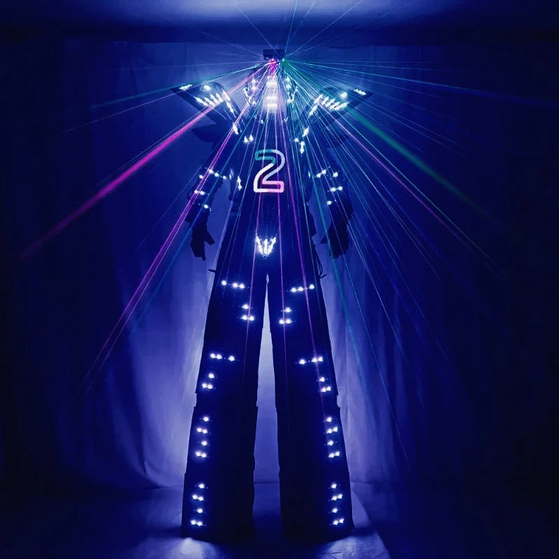 LED Robot Stilt Walking Costume Clothes Luminous Suit Jacket Chest Display Helmet Laser Gloves Party Stage Performance Costumes