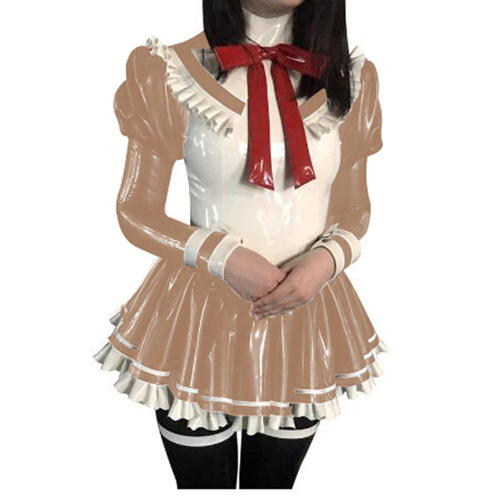 Cosplay Custom Mini Dress Sexy Faux Latex French Maid Club Dresses Long Puffs Sleeves Ruffles PVC Uniform Outfit Clubwear