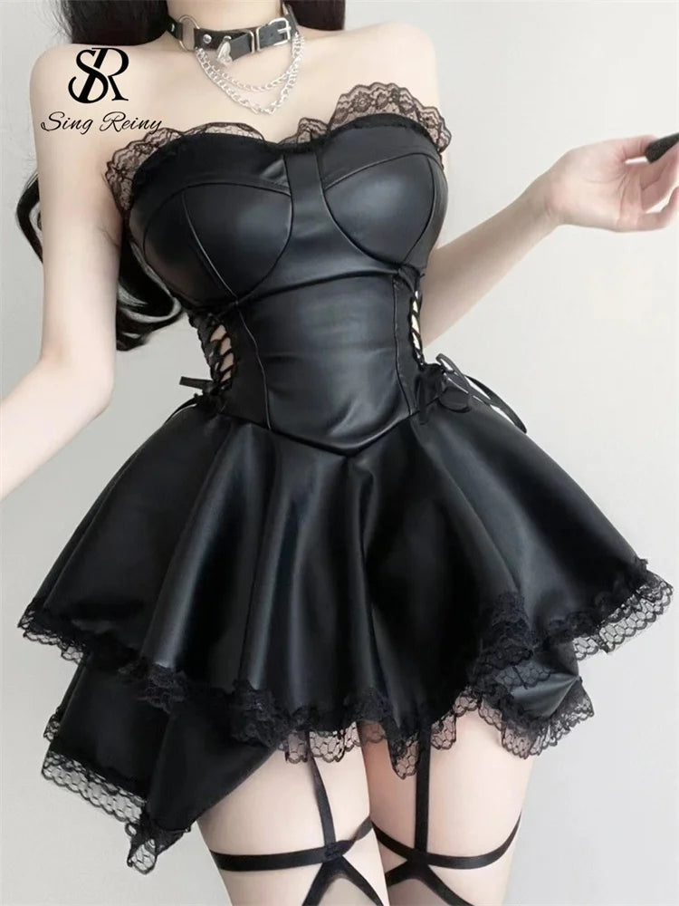 SINGREINY Leather Sheath Sexy Dress Strapless A-line Solid Lace Up Ruffles Dress Fashion Women PU Spliced Lace Sensual Dress