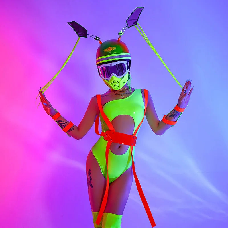 Drag Queen Gogo Dancer Costume Women Fluorescent One-Piece Bodysuit Goggles Stage Outfit Pole Dance Nightclub Bar Rave Clothes