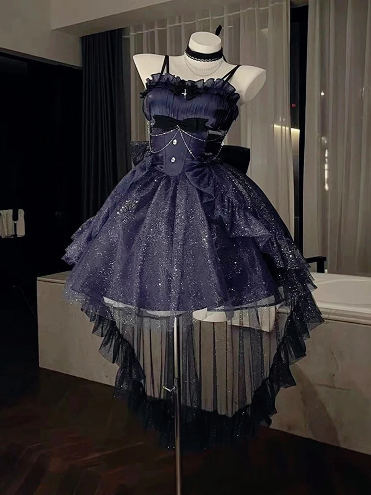 2025 Women Kawaii Ruffles Bow Suspender Princess Dresses Gothic Lolita Jsk Mini Dress Girl Sweet Fairy Party Trailing Dress