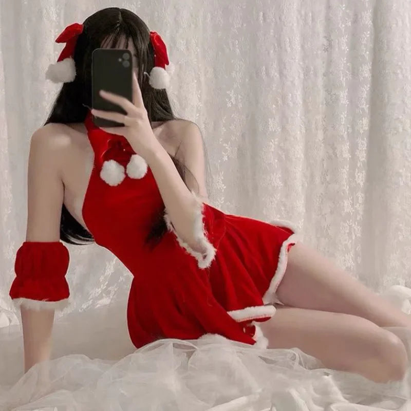 Sexy Backless Dress Women's Grade Hanging Pajama Red Christmas Cosplay Uniform Dress