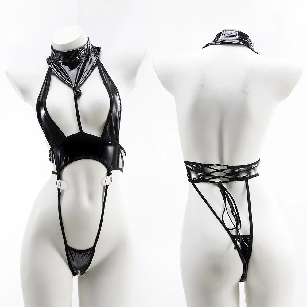 Sexy Black PU Bodysuit Lingerie Open Chest One Piece Swimwear Pool Party Swimsuit Pool Party Costume