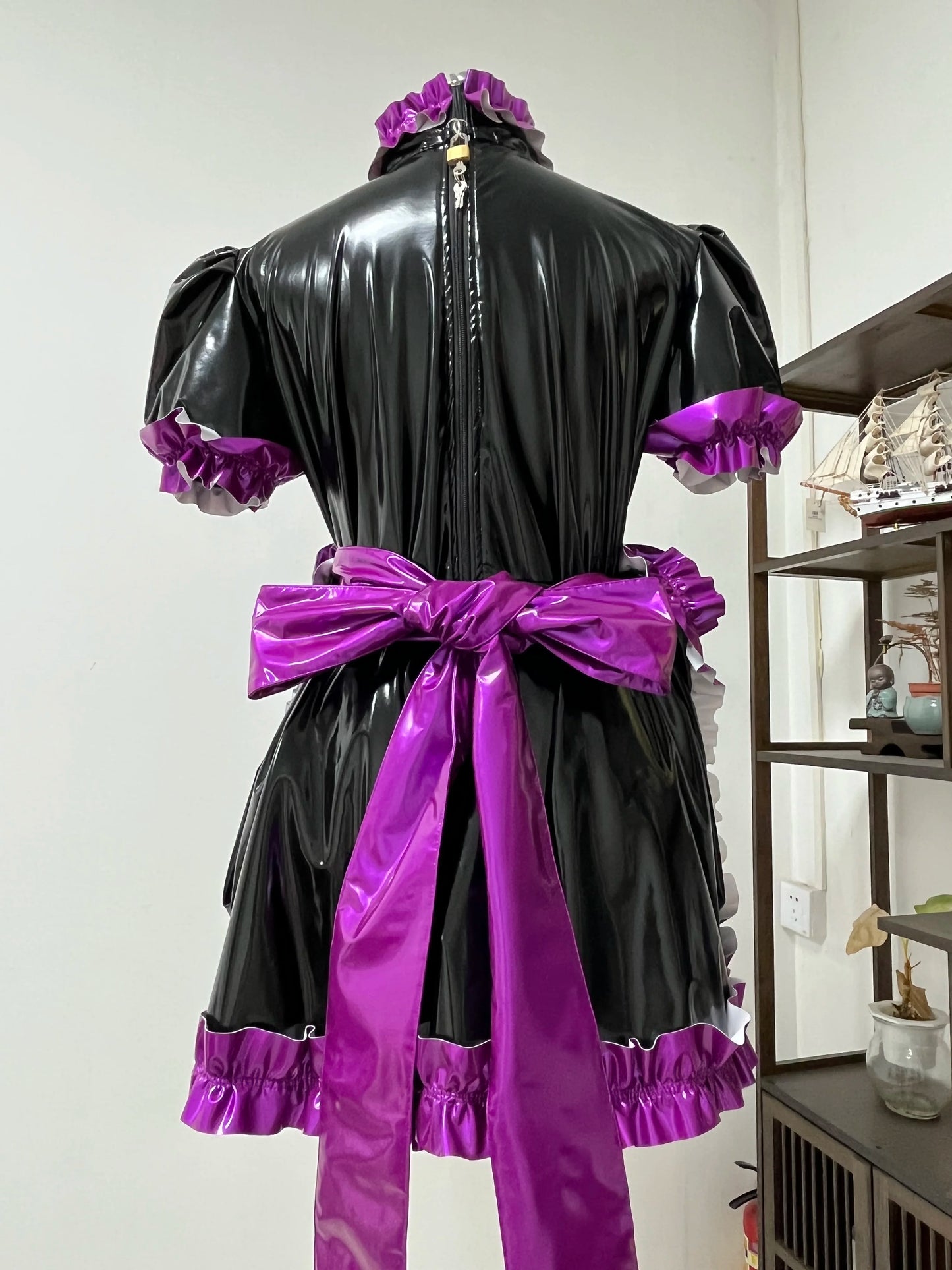 lockable dress Role Play Maid Dress with Apron Lockable Panties French Sissy PVC Short Sleeved Dress Lockable Uniform XS-7XL