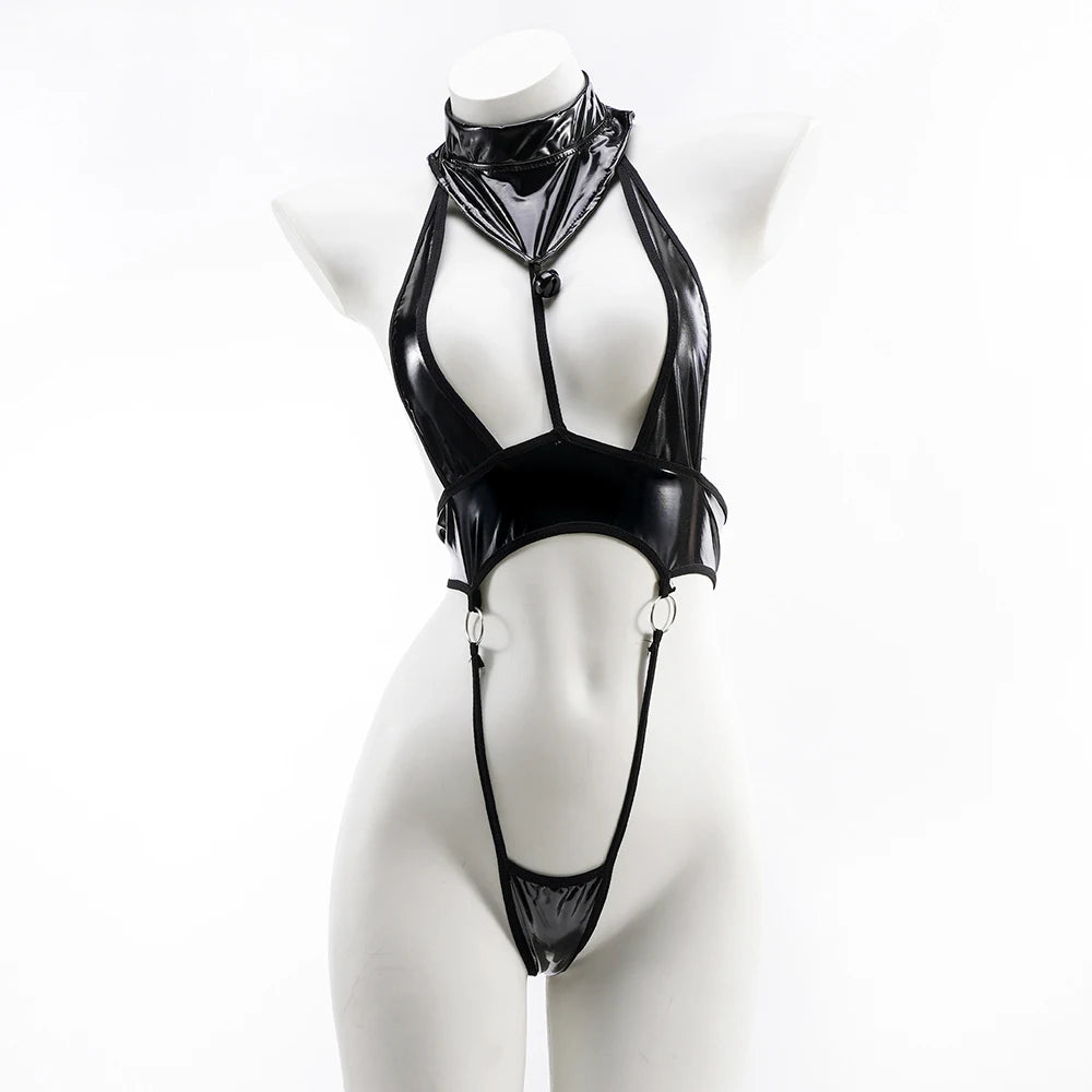 Sexy Black PU Bodysuit Lingerie Open Chest One Piece Swimwear Pool Party Swimsuit Pool Party Costume
