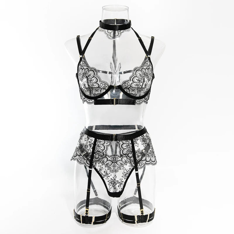 Toucheart 5 Piece Sexy Embroidery Underwear Set for Women Mesh Patchwork See-through Halter Underwear Garters Sexy Lingerie Set