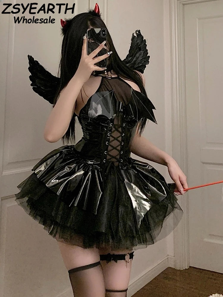 Sexy Demon Costumes Witch Lingerie Women Halloween Cosplay Devil Bandage Mini Skirt Erotic Female Leather See Through Underwear