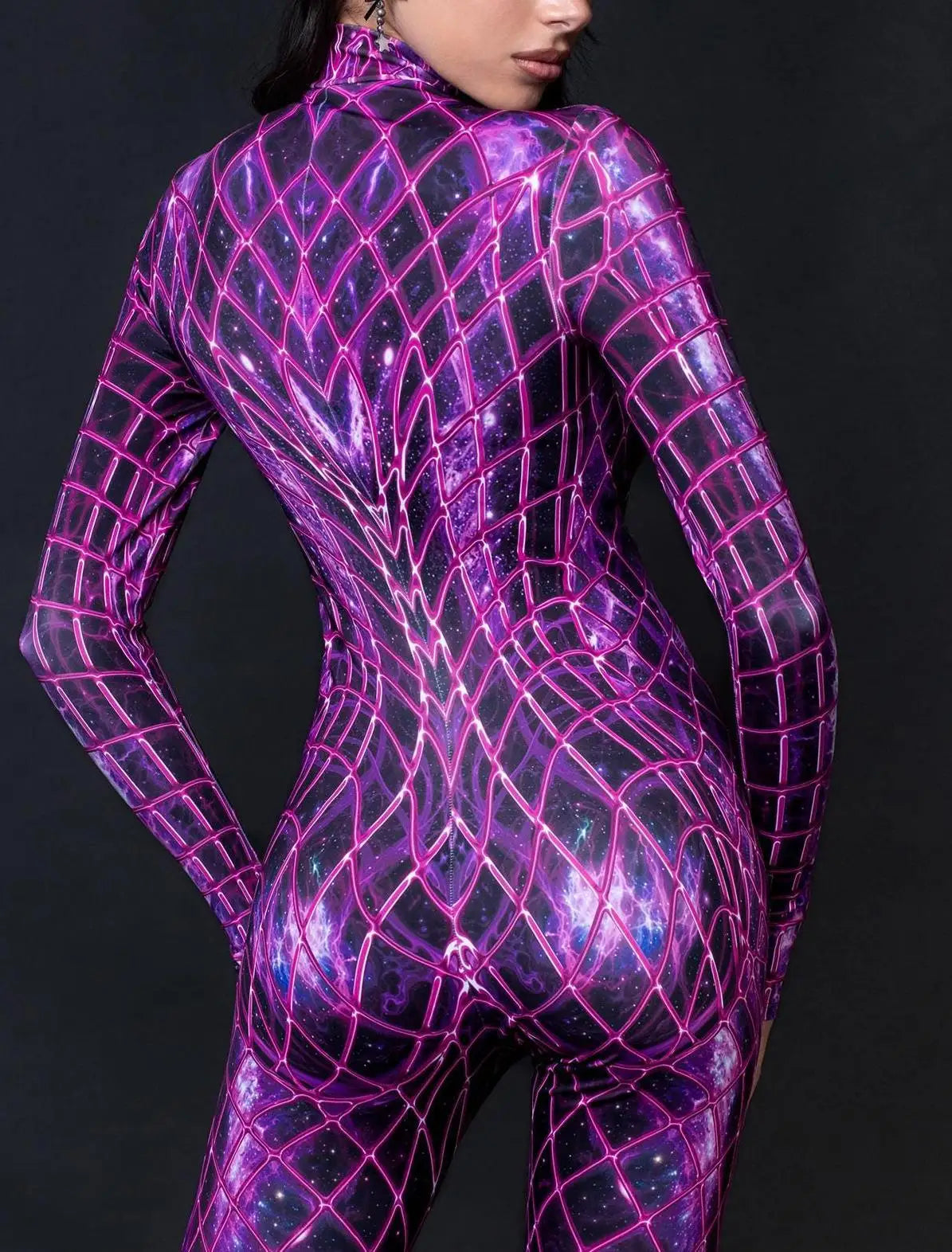 Sexy Net Pink Line Bodysuit Punk Gothic Women Cosplay Jumpsuit Carnival Slim Zentai Suit Costume Festival Theme Party Catsuit