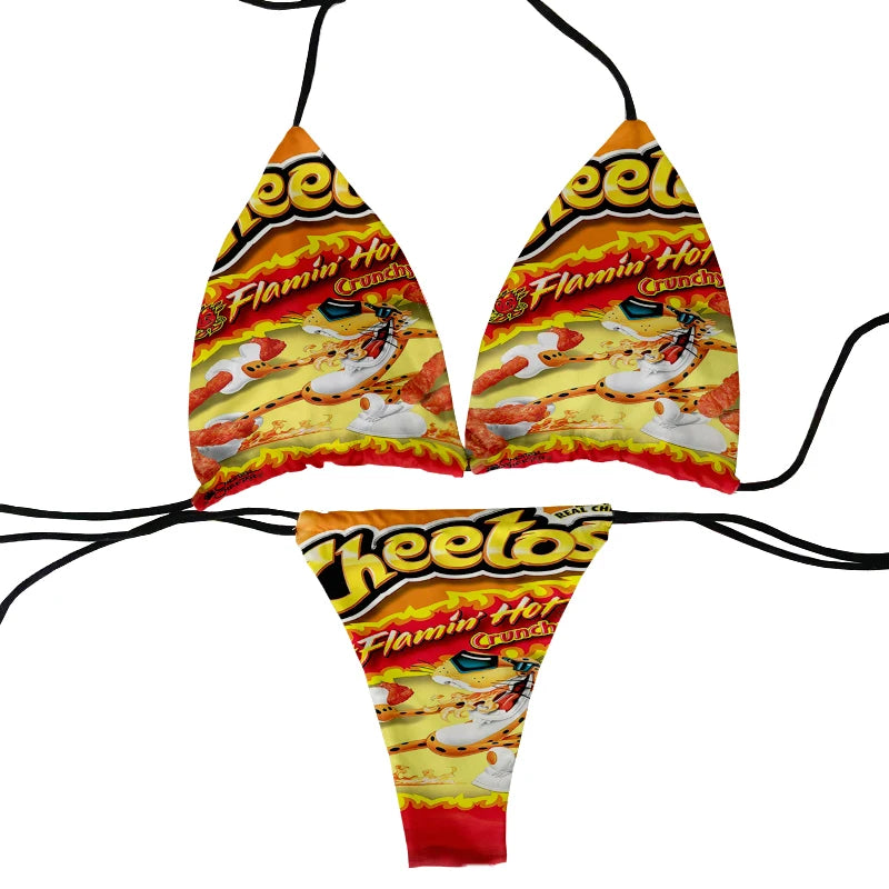 Funny food and potato chip print summer swimsuit women sexy bikini panties thong G-string swimming trunks beachwear
